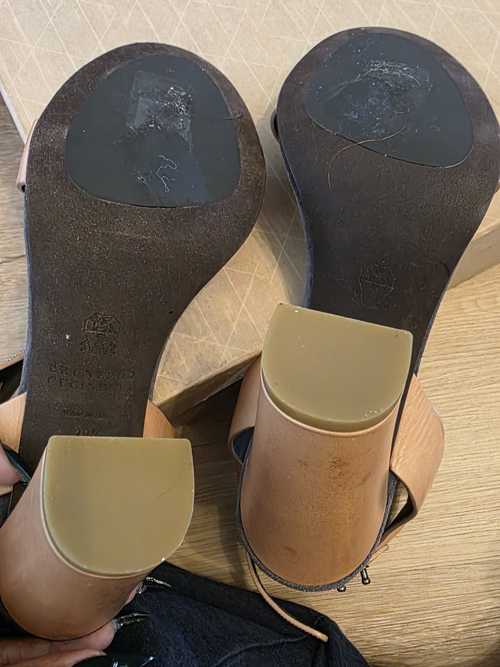 Brunello Cucinelli Blush Leather Block Heel Sandals with Crystal Straps - Picture 2 of 10